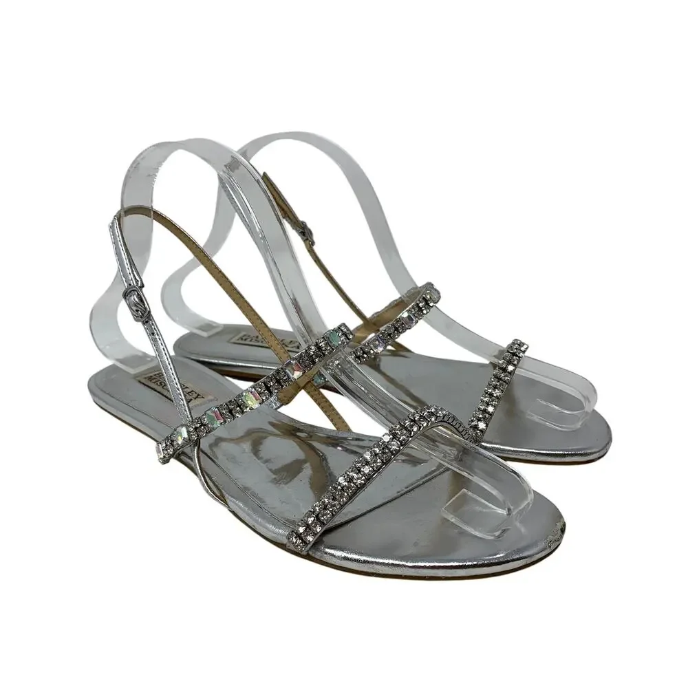 Badgley Mischka Silver Crystal Rhinestone Flat Sandals Womens Size 7 Slingback